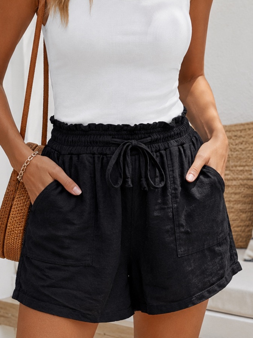Time and Tru Black Linen Blend Pull On Shorts M 8-10 Coastal Casual